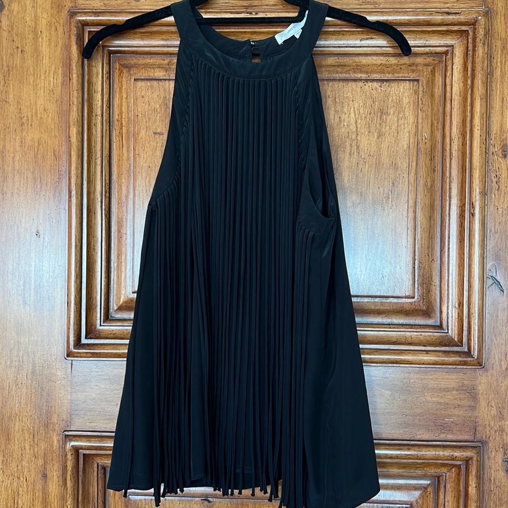 Silk black blouse with fun sassy fringe hanging down the front Size S